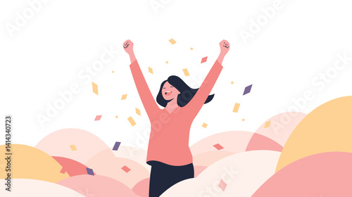 Caucasian female celebrating success with raised arms in colorful confetti flat vector illustration