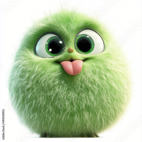Adorable Green Fuzzy Ball Character with Big Eyes Sticking Out Tongue Playful Cartoon Creature Illustration