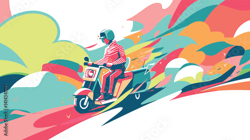 Colorful abstract art of a person riding a scooter flat vector illustration