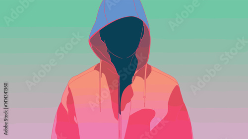 Abstract faceless figure in colorful hoodie on gradient background flat vector illustration