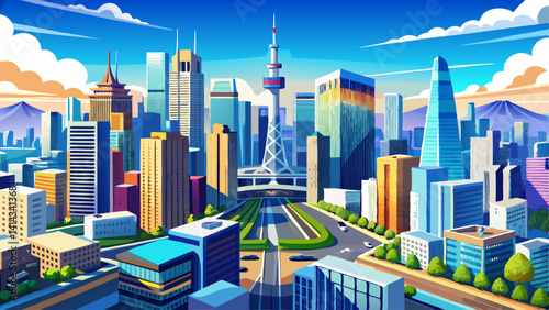 Asia Business concept for real estate and corporate construction - panoramic modern city urban skyline bird eye aerial view under sun & blue sky in Tokyo,