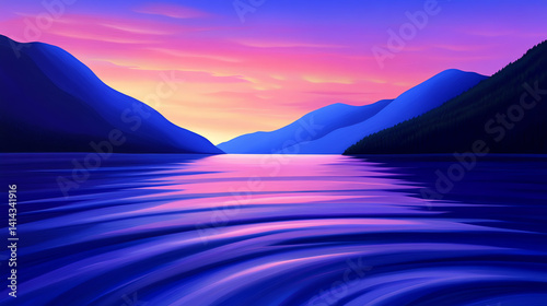 A serene landscape showcasing tranquil waters reflecting a vibrant sunset with striking purple and orange hues, framed by majestic mountains under a clear sky. photo