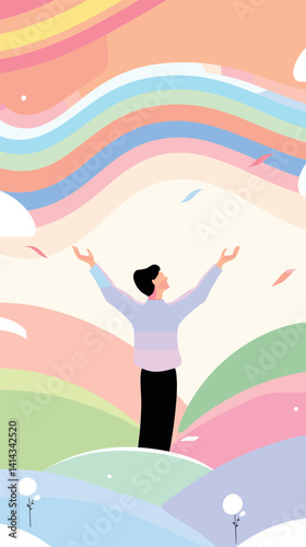 Male rejoicing under colorful sky with rainbow and clouds flat vector illustration