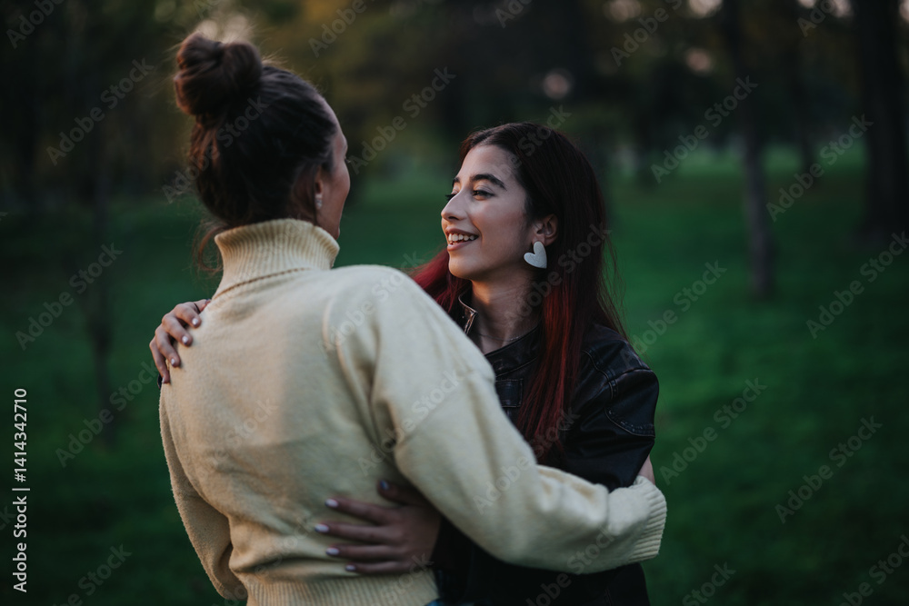 Two young friends embracing and sharing a joyful moment outdoors in a green park. The natural background and their expressions convey warmth, connection, and camaraderie. Two young friends embracing and sharing a joyful moment outdoors in a green park. The natural background and their expressions convey warmth, connection, and camaraderie.