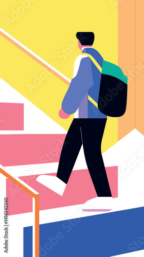 Abstract illustration of a young asian male walking upstairs with backpack flat vector illustration