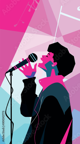 Colorful abstract art of young male singer with microphone flat vector illustration