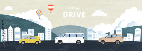 車と街並みと気球のイラスト2