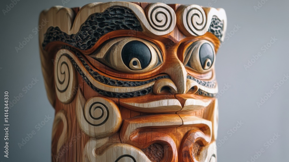 Carved wooden face with intricate patterns and large eyes against a neutral background. Carved wooden face with intricate patterns and large eyes against a neutral background.