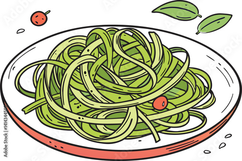 Pesto pasta in a plate illustration vector design isolated on white background.