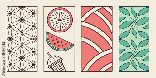 Retro Flat Design Summer Fruits Leaves Geometric Patterns Vector Bookmarks