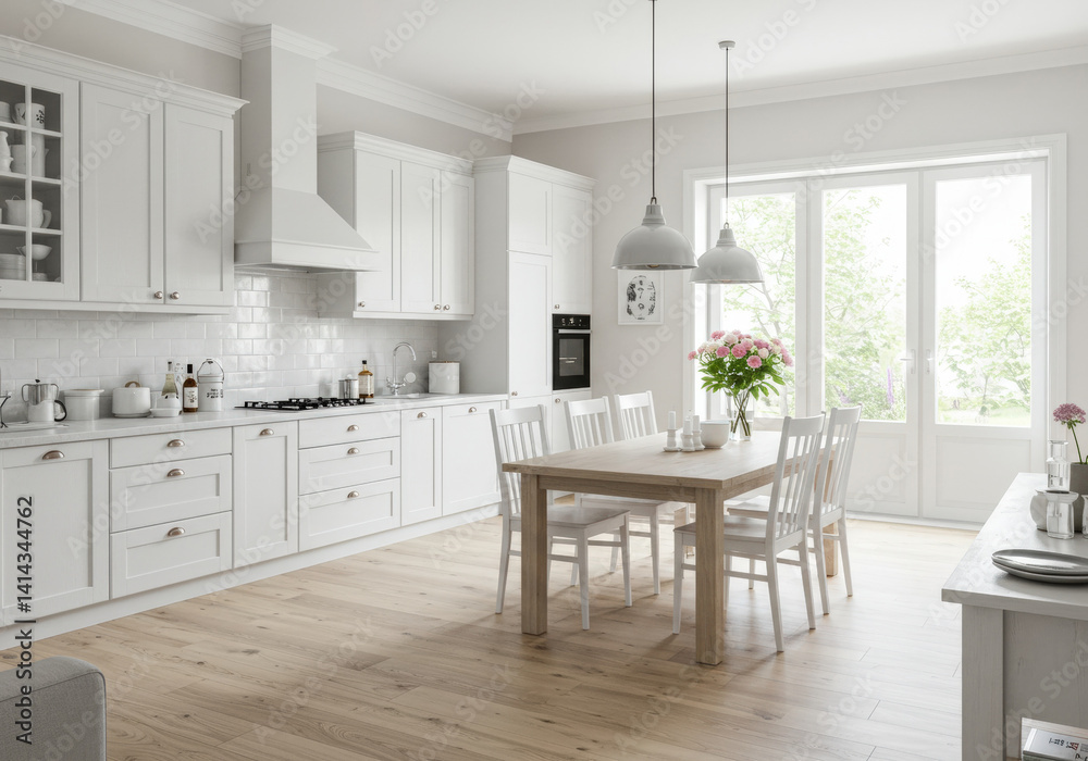 Modern Scandinavian kitchen and dining room with matte white traditional design cabinets Modern Scandinavian kitchen and dining room with matte white traditional design cabinets