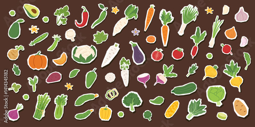 Set of vegetables stickers isolated on brown background. Gardening, food, healthy eating and harvest concept elements. Vector flat hand drawn cliparts.
