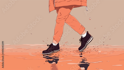 Walking in puddle with orange outfit and black shoes flat vector illustration