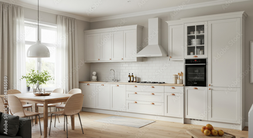 Fototapeta premium Modern Scandinavian kitchen and dining room with matte white traditional design cabinets