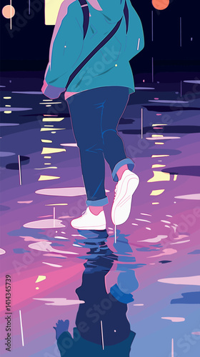 Reflective walk in rainy urban night scene with pink and blue hues flat vector illustration