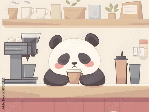 Cute Whimsical Panda Illustration: Adorable Digital Art with Cozy Coffee Vibes in a Friendly Cafe Setting