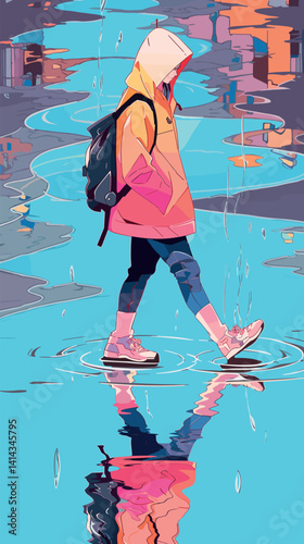 Teen in colorful hoodie walking through urban puddle reflection in illustration flat vector illustration
