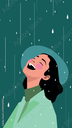 Young hispanic female enjoying rain with laughter on her face flat vector illustration