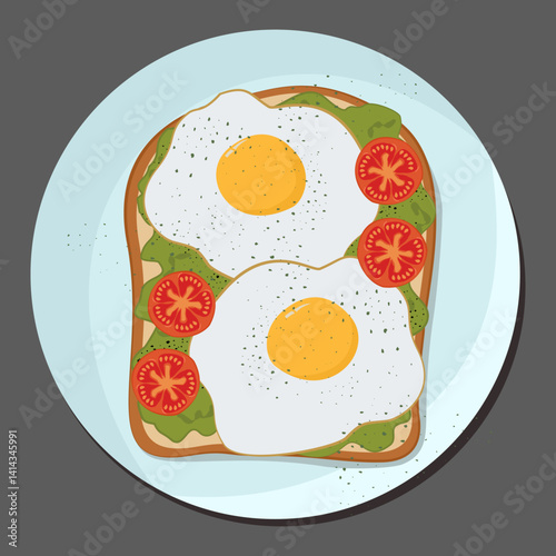 Vector flat illustrations of toast with fried eggs and tomato, pepper and avocado on bread. Isolated on grey background. Healthy breakfast.