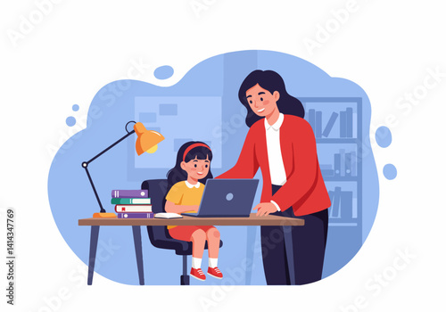Mother working from home on a laptop while caring for her young children. For Take Our Daughters and Sons to Work Day. Flat vector illustration