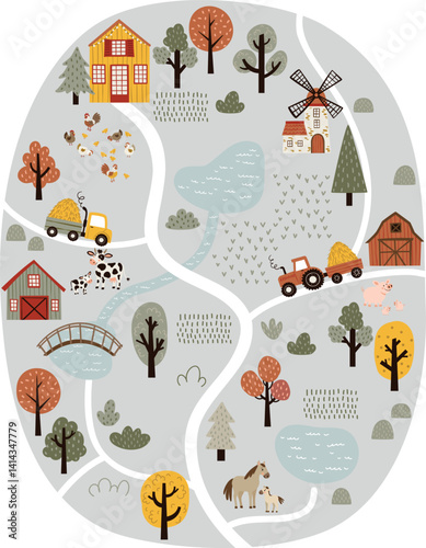 Vector illustration in flat cartoon style. Farm map poster with barn, shed, windmill, tractor, trees, cows, horses, sheep, and other farm elements. Isolated on white. Fun and educational design.