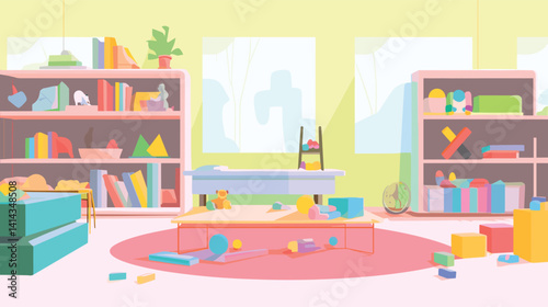 Bright playroom with toys and books on shelves in light-filled space flat vector illustration