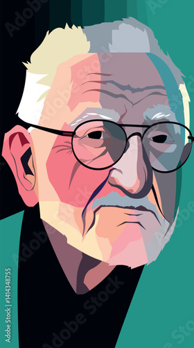 Colorful geometric portrait of elderly caucasian male with glasses flat vector illustration