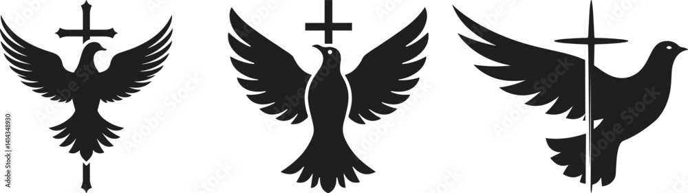 Fototapeta premium Dove with Cross Religious Symbol Silhouette Flat Design Vector Icon Illustration Set Collections