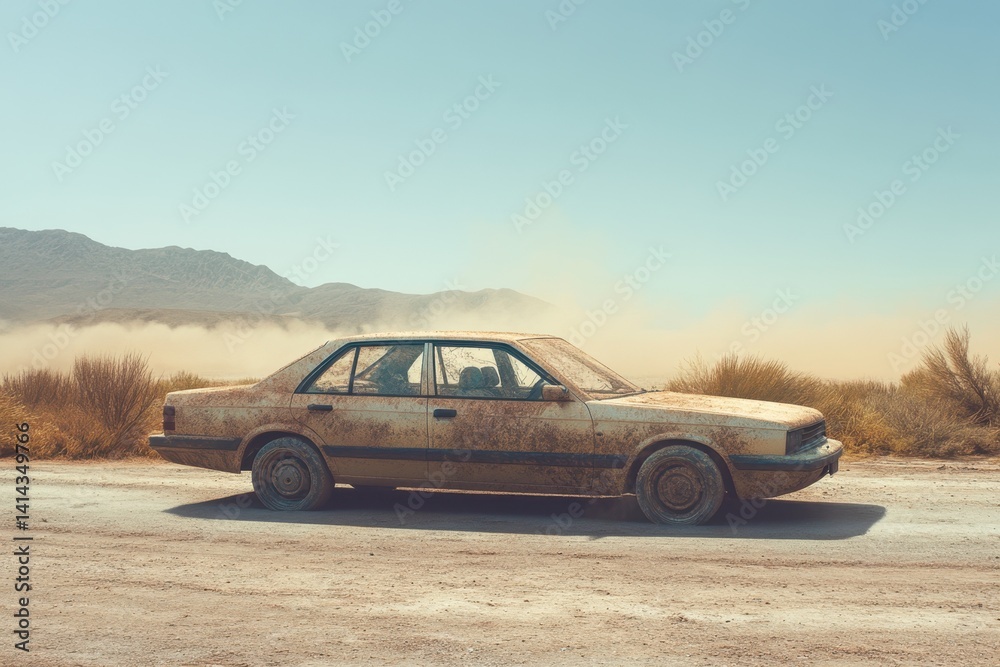 Abandoned car covered in dust on a remote dirt road in a desert landscape