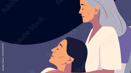 Elderly caucasian female embracing young asian female in thoughtful pose flat vector illustration