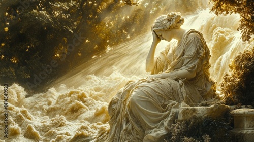 Woman in flowing dress sits near water with head in hand thoughtful pose.