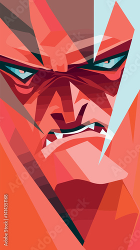 Abstract fearless expression: bold geometric portrait of male face in red tones flat vector illustration