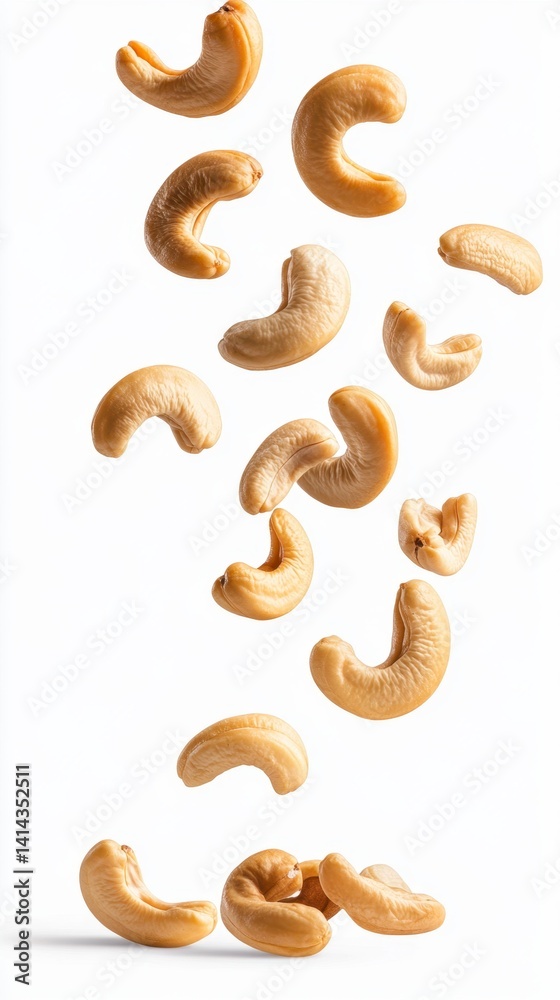 Cashew Nuts in Motion Against a White Background, Isolated View Cashew Nuts in Motion Against a White Background, Isolated View