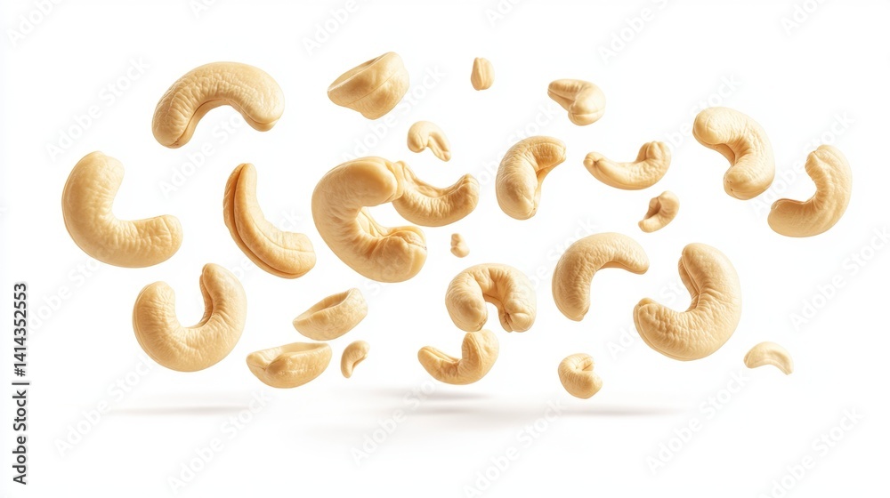 Floating Cashew Nuts on White Background Ideal for Healthy Snack Promotions Floating Cashew Nuts on White Background Ideal for Healthy Snack Promotions