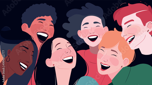 Diverse group of young adults laughing together flat vector illustration