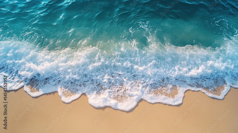 Obraz premium Beach waves gently lap the golden sand under sunlight