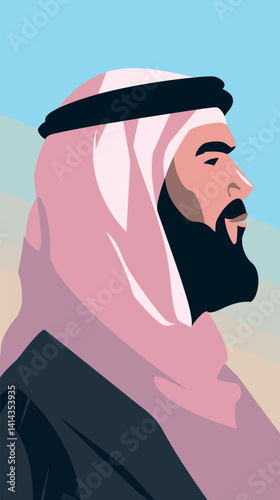 Middle-eastern adult male in traditional attire with shemagh and agal flat vector illustration
