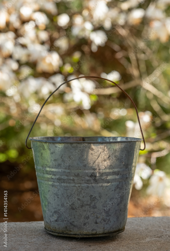 Weathered bucket stands alone as spring blossoms bloom in soft focus behind it