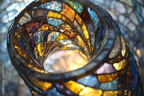 Dreamy Stained Glass Helix Wrapping Around a Golden Spiral. photo