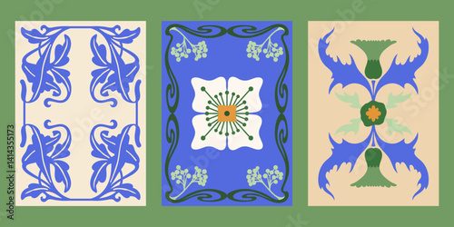 Art Nouveau style vector posters set. Retro vintage abstract florals print designs