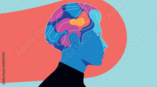 Colorful abstract profile of male with vibrant brain design flat vector illustration