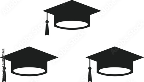 Graduation cap icons set, black silhouette of academic caps with tassels, education success symbol vector
