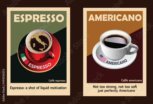 A stylish retro-inspired poster featuring two classic coffee drinks -Espresso and Americano- with playful taglines and national flags representing their origins.