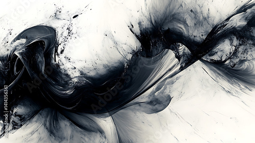 Black and white water splash art shows the motion of liquid drops like black ink in a wave design