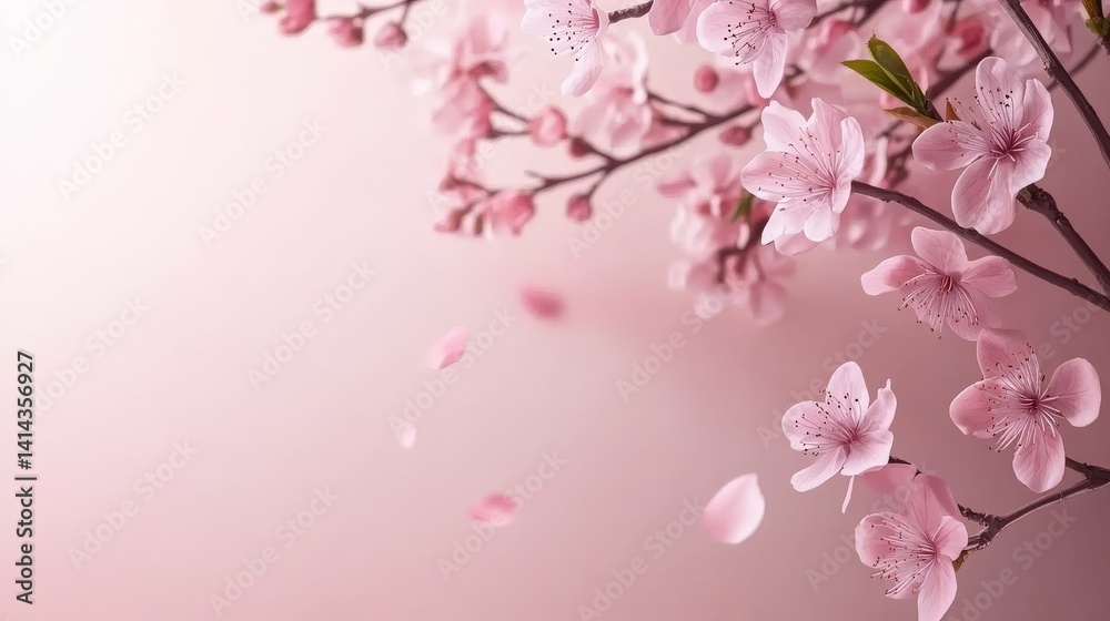 Delicate Pink Cherry Blossom Branch with Soft Petals Falling Down Delicate Pink Cherry Blossom Branch with Soft Petals Falling Down