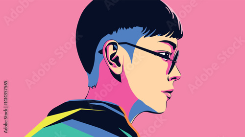 Colorful pop art portrait of asian young male with glasses on pink background flat vector illustration