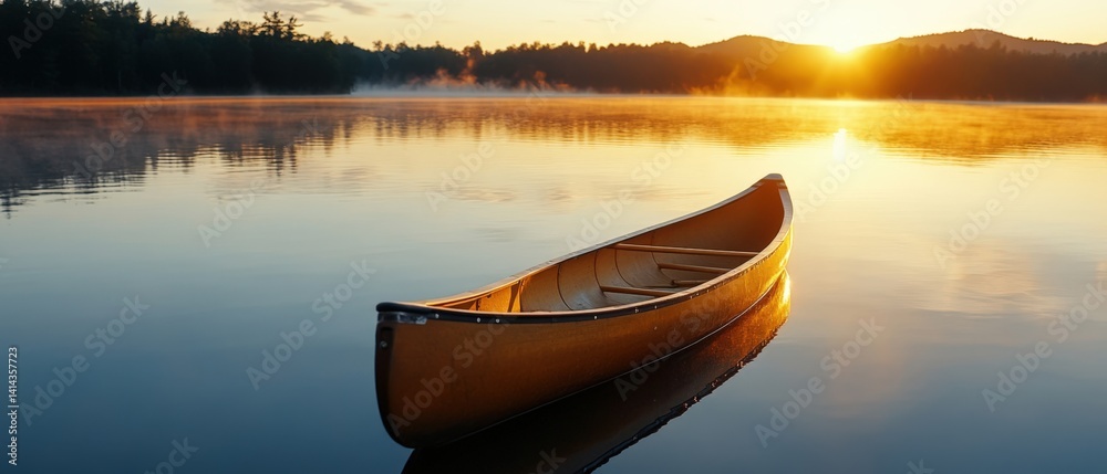 serene canoe on lake at sunrise serene canoe on lake at sunrise