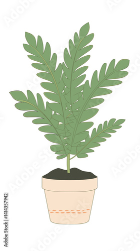 Potted green houseplant with long leaves in a clay pot flat vector illustration