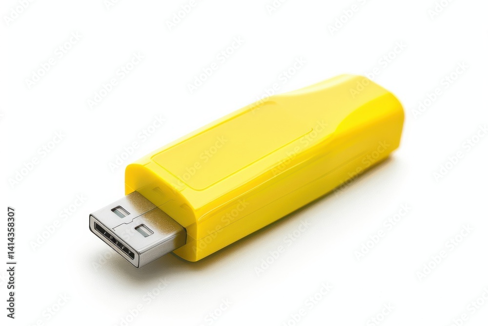 Bright yellow USB drive resting on a minimalist white surface, showcasing modern technology isolated on transparent background Bright yellow USB drive resting on a minimalist white surface, showcasing modern technology isolated on transparent background