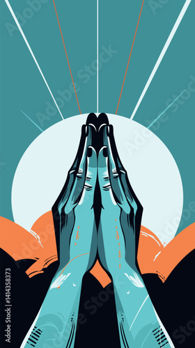 Symbolic praying hands with sunburst background in abstract art style flat vector illustration